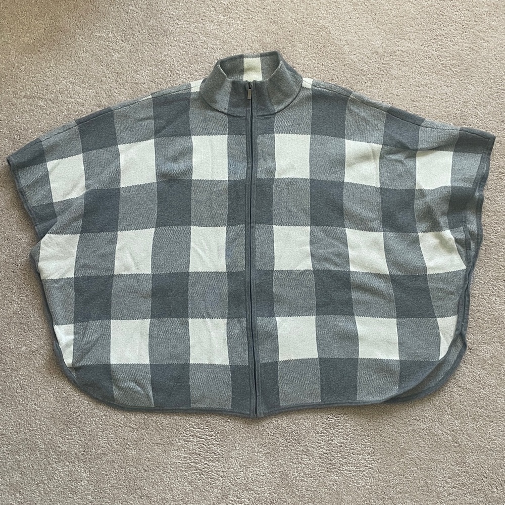 Jones New York Mock Turtleneck Sweater Poncho Zip Front Checkerboard Plaid